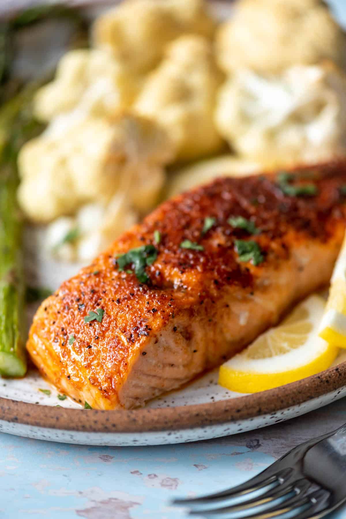 A close image of a piece of cooked salmon.