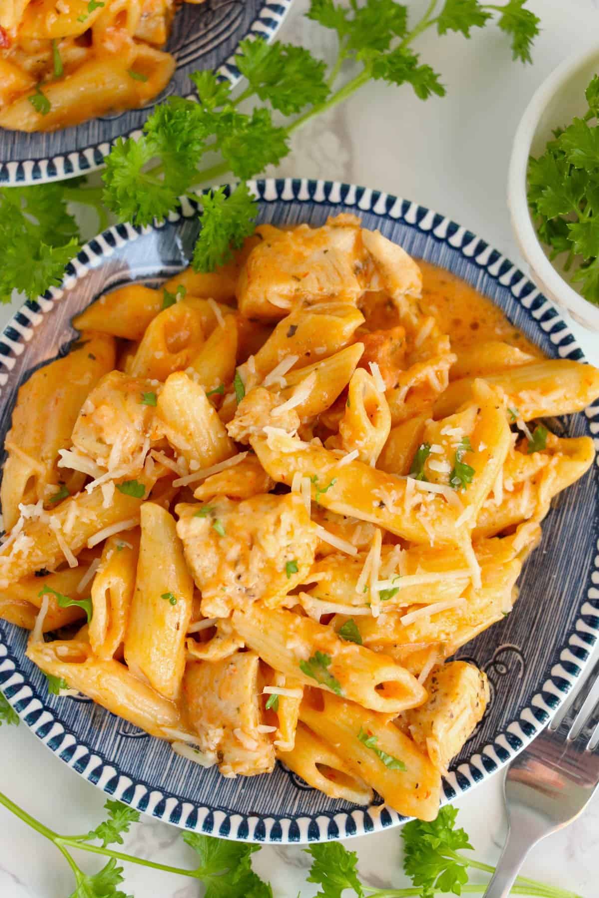 A bowl of chicken and penne pasta with parmesan sprinkled on top.