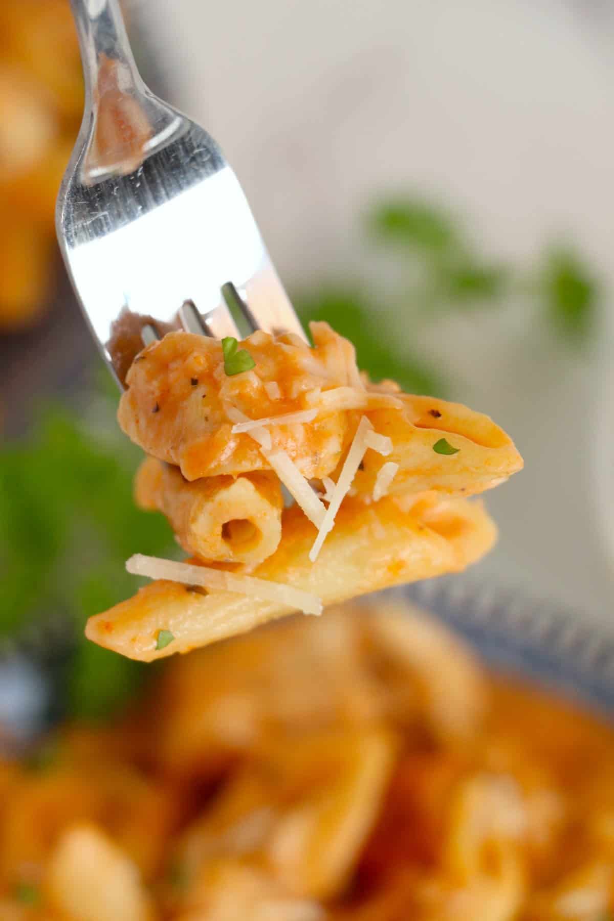 A fork holding up a bite of pasta in a tomato sauce.