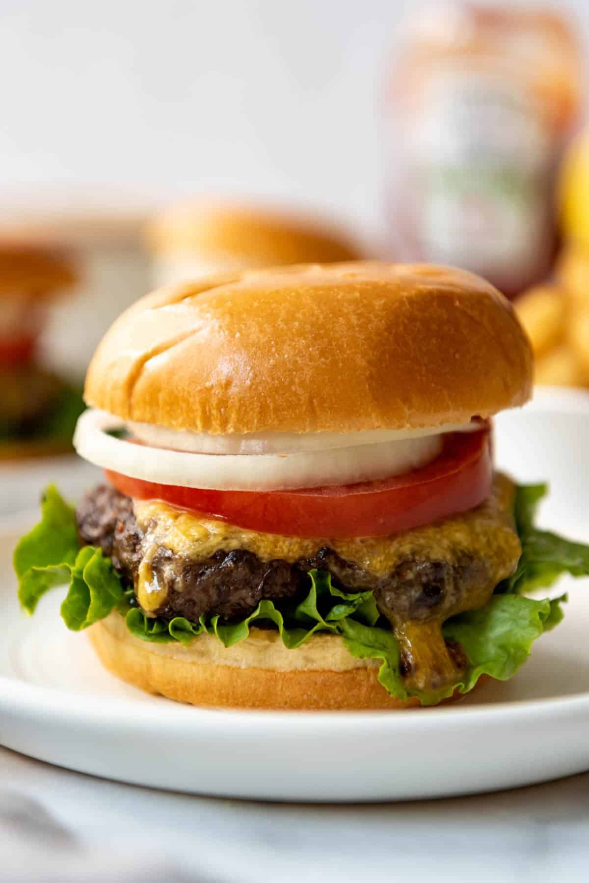 A juicy air fryer hamburger with all the fixings.