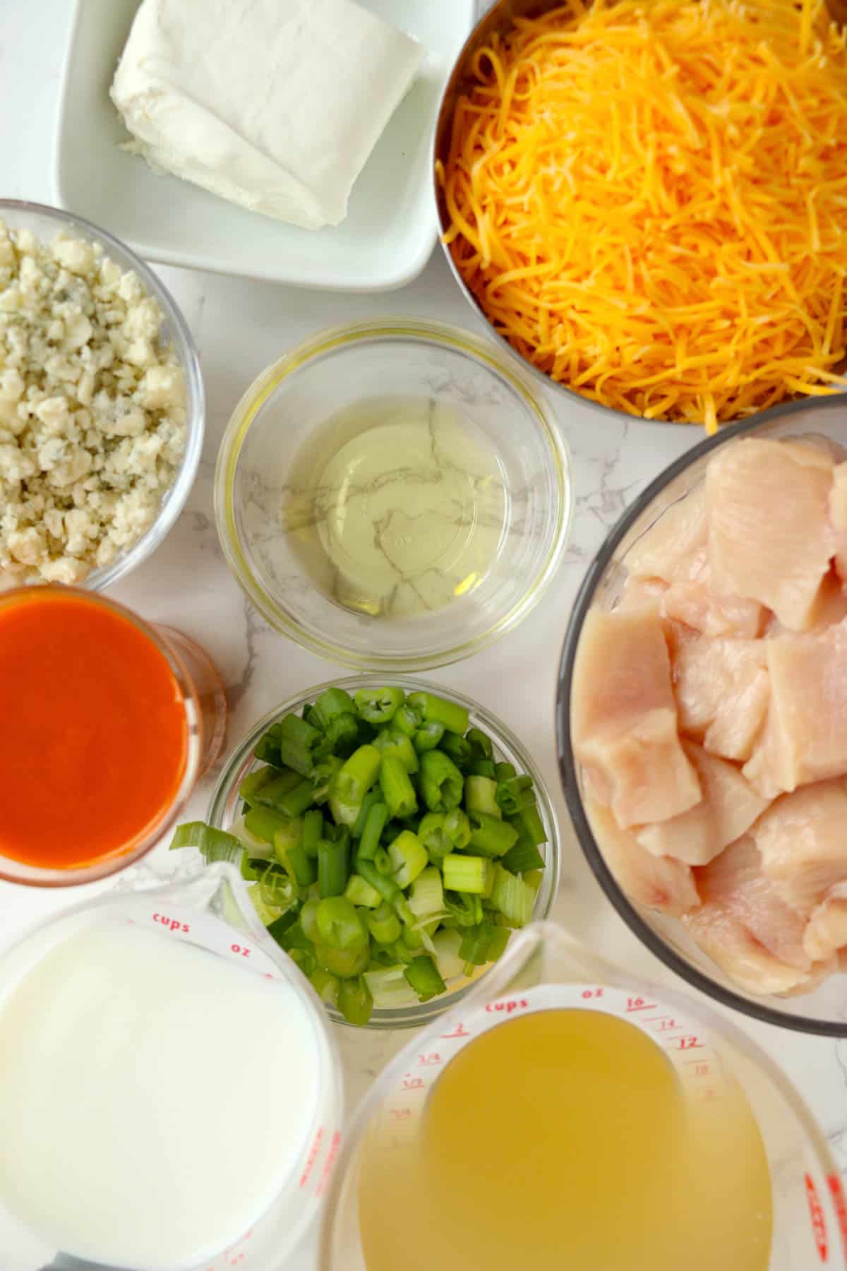 Ingredients for making Instant Pot buffalo chicken pasta.