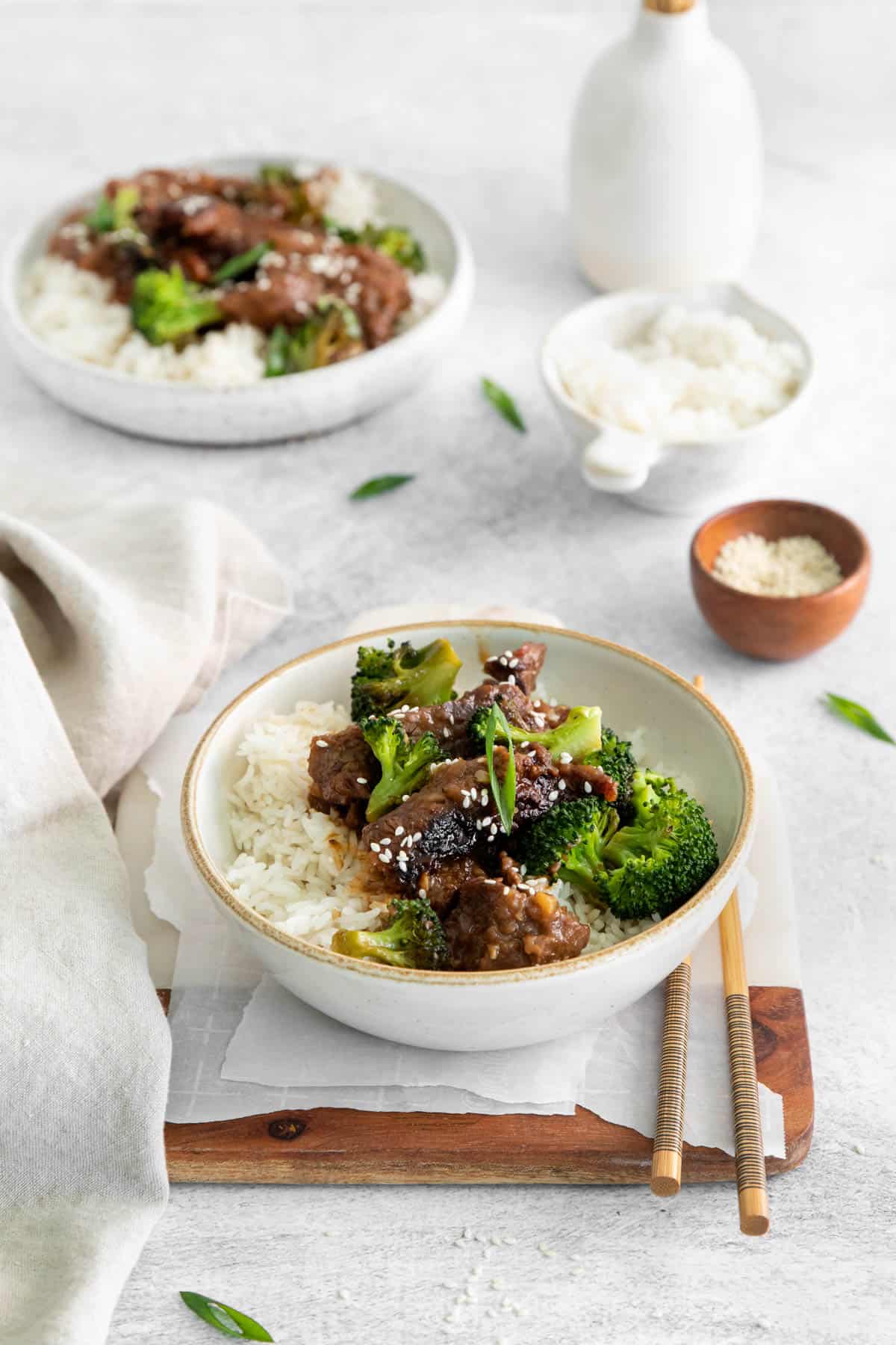 Bowls of mongolian beef with rice
