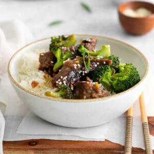 A close image of a bowl of Mongolian beef with broccoli made in the Instant Pot.