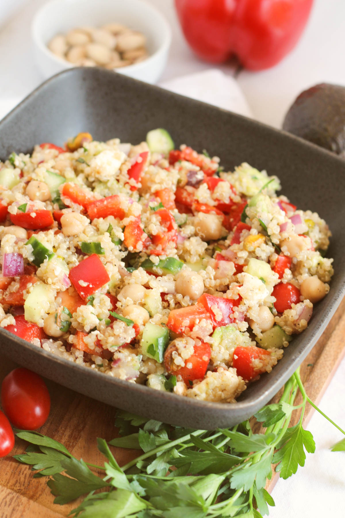 Close up image of quinoa and chopped vegetable salad. 