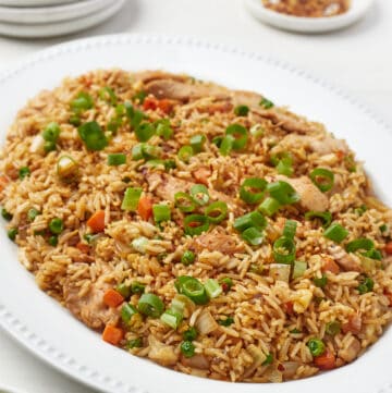 A close-up shot of chicken fried rice on a serving platter with chopped green onions on top