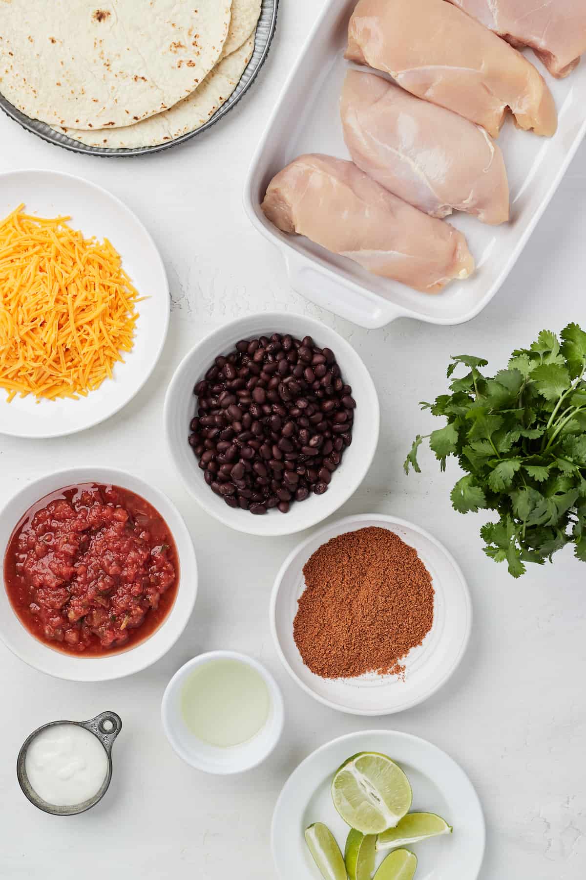 Raw chicken breasts, black beans, salsa and the rest of the ingredients arranged neatly on a countertop.