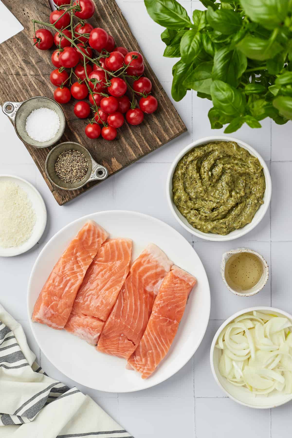 Overhead view of ingredients for baked pesto salmon