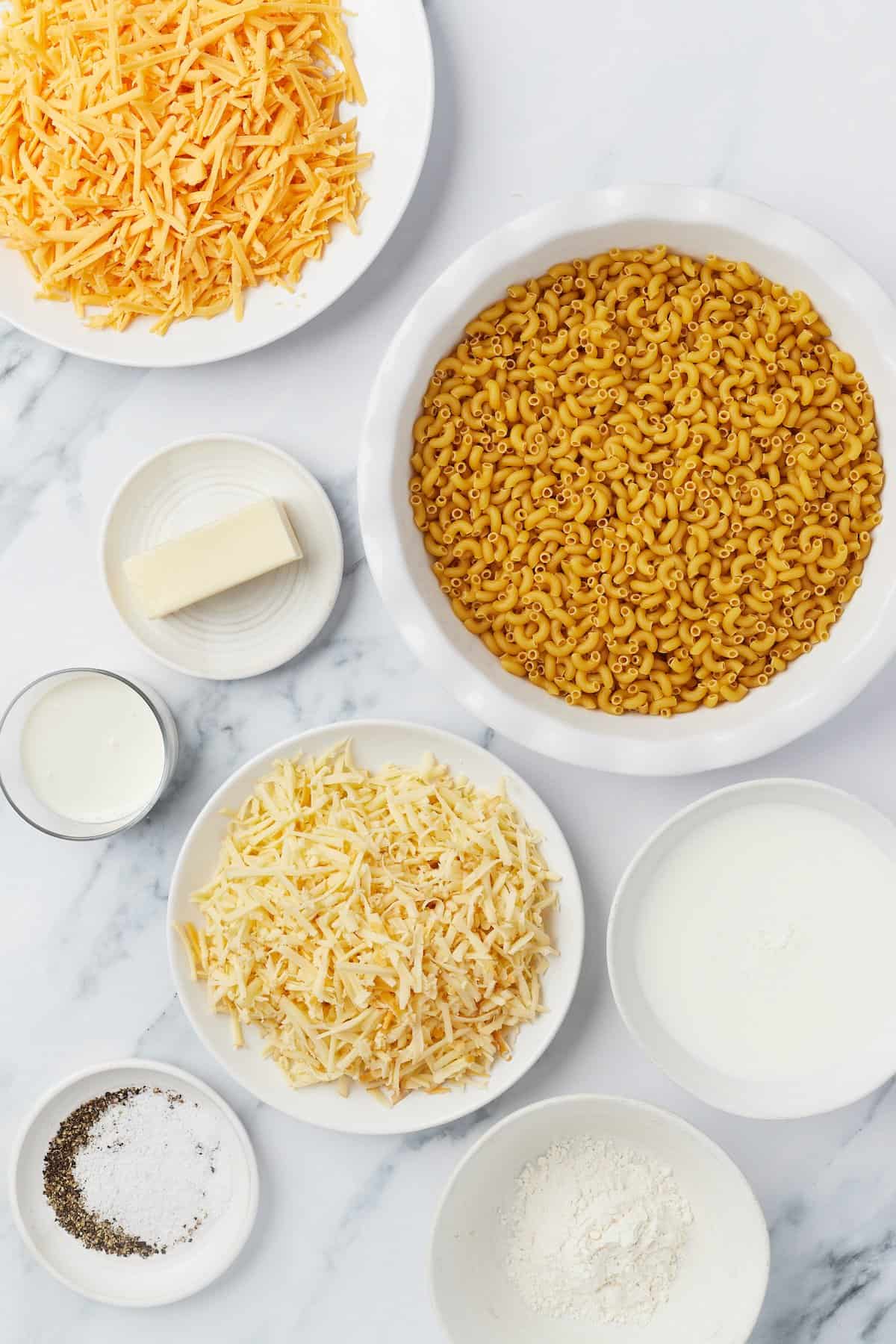 Overhead view of ingredients for stovetop mac and cheese