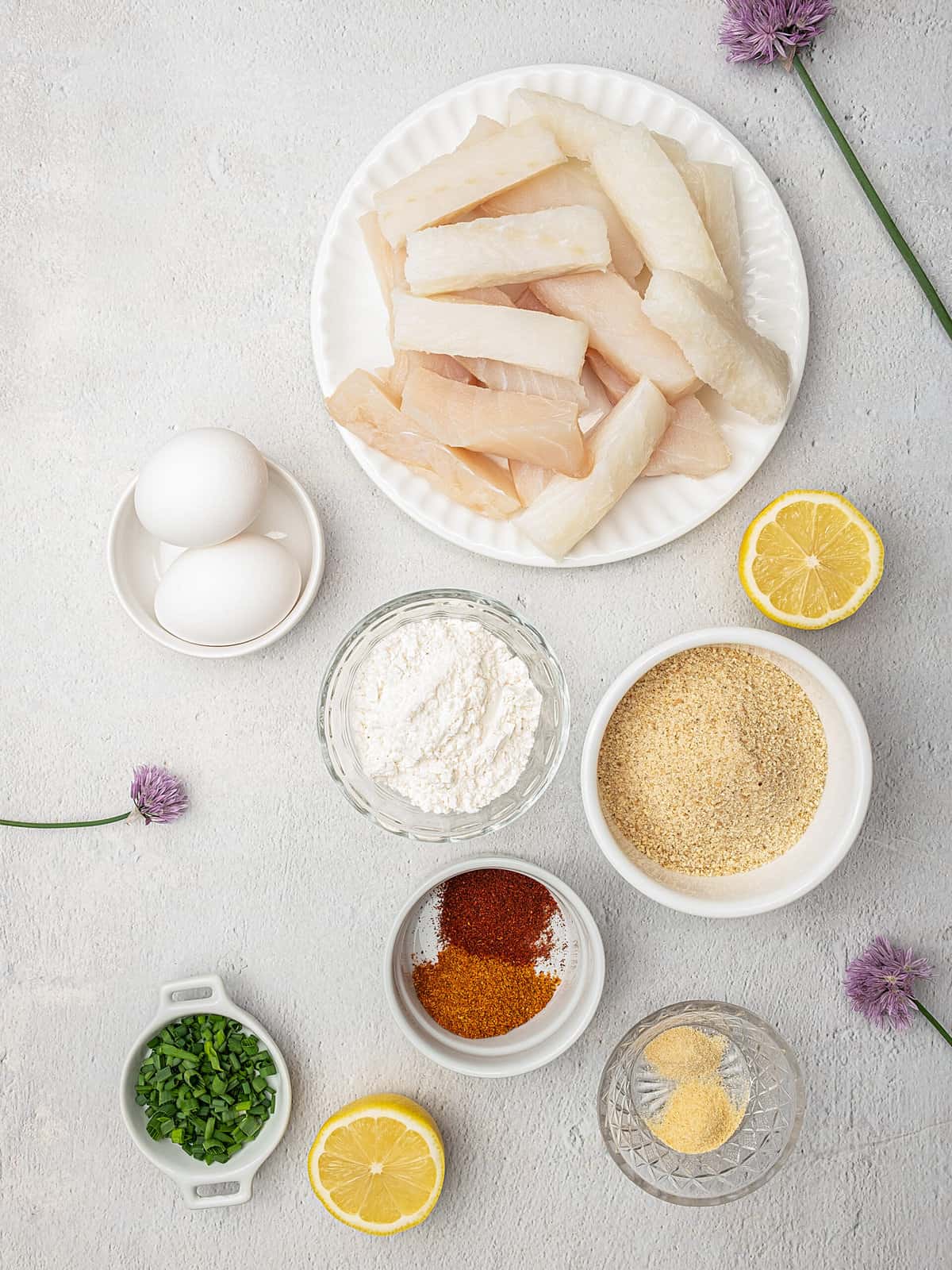 Overhead view of ingredients for air fryer fish sticks