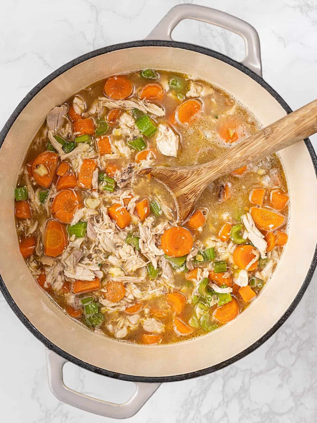 Stirring chicken, vegetables, and broth