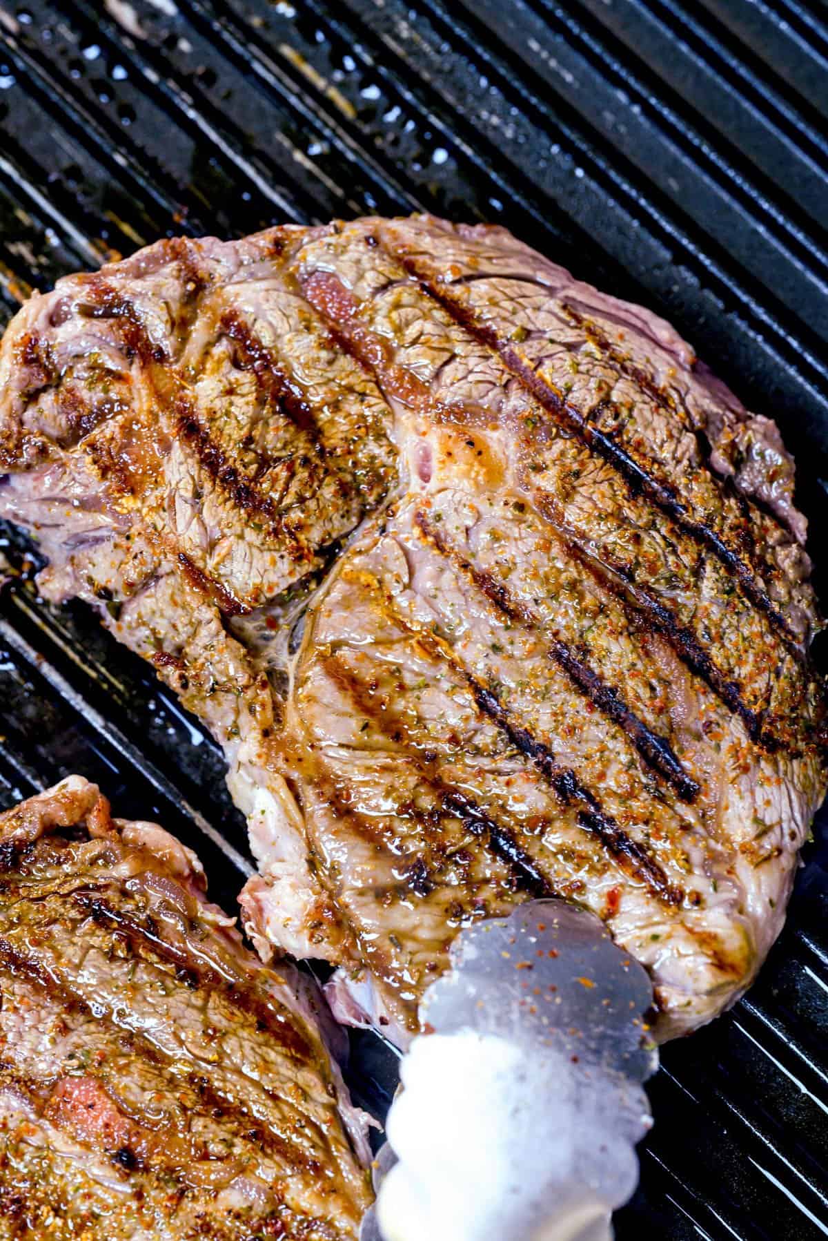 Grill marks on a seared steak.