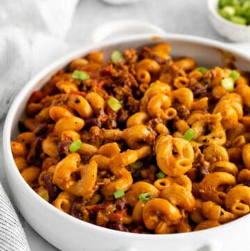 Instant Pot chili mac in a large white serving dish.