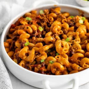 A bowl of chili mac made in the Instant Pot.