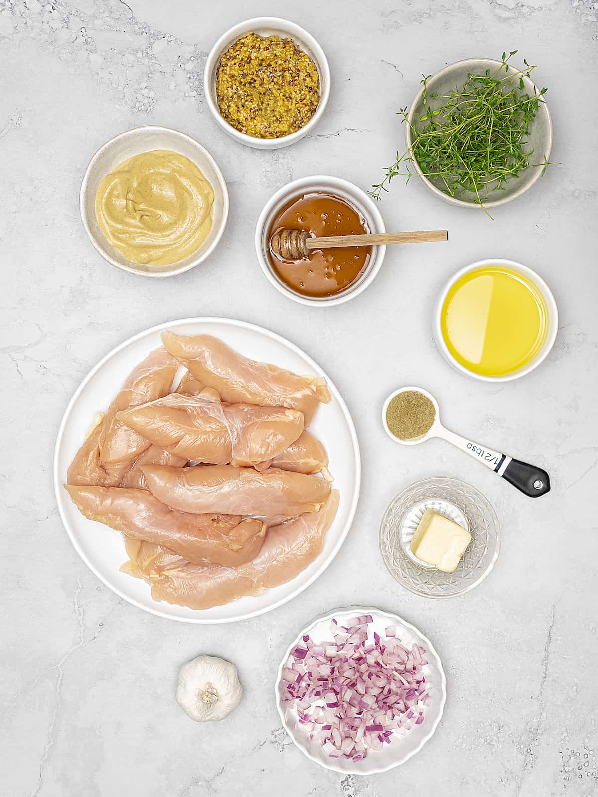 Overhead view of ingredients for honey mustard chicken