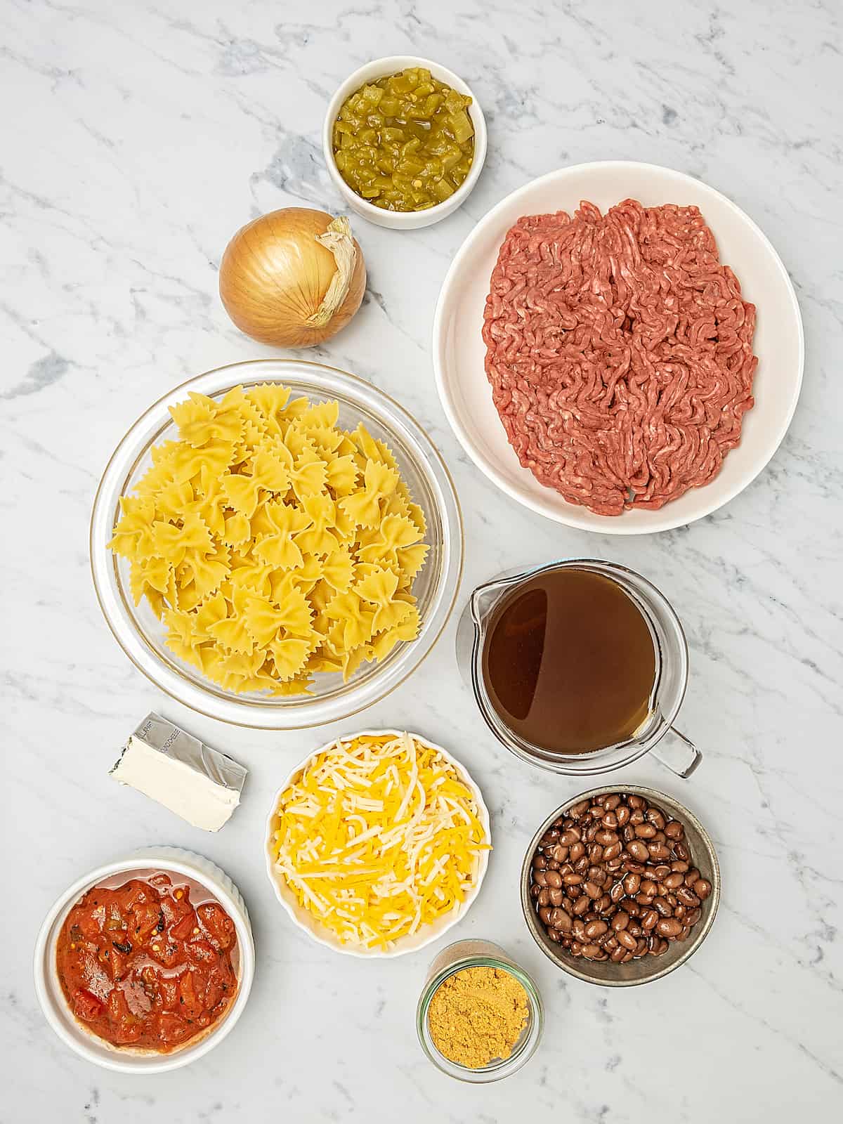 Overhead view of Instant Pot taco pasta ingredients