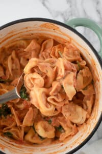 A large spoon lifting a scoop of tortellini pasta in a creamy tomato sauce.