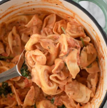 A large spoon lifting a scoop of tortellini pasta in a creamy tomato sauce.