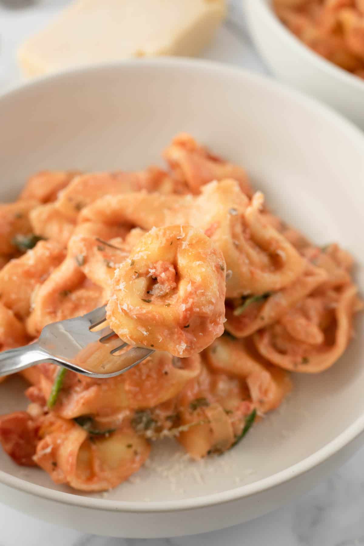 A fork lifting up pieces of creamy tomato and spinach tortellini.