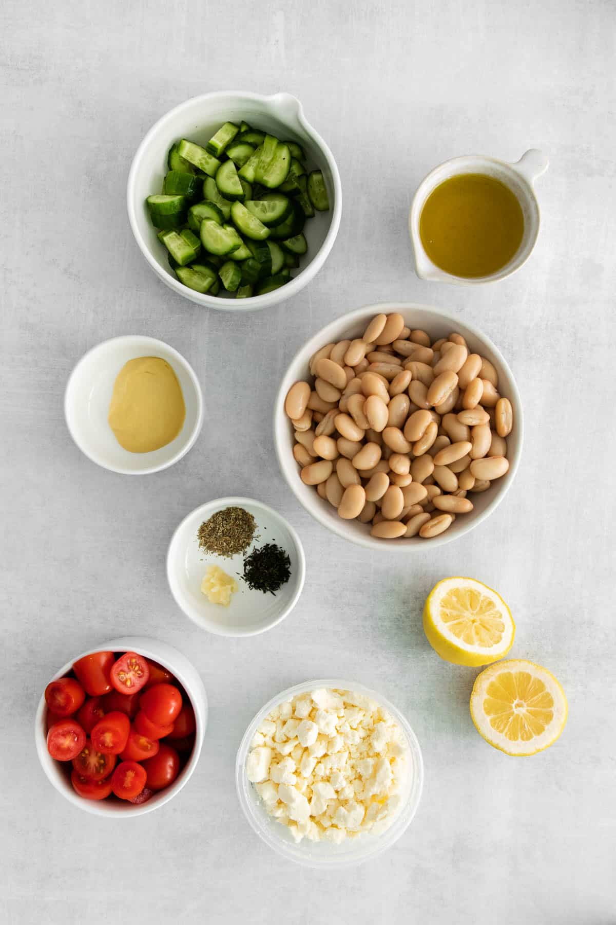 Ingredients for making Mediterranean white bean salad.