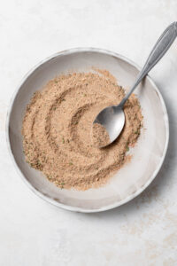 Overhead image of spices blended in a shallow bowl.