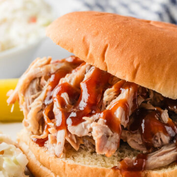 Close up image of pulled pork sandwich, drizzled with BBQ sauce.