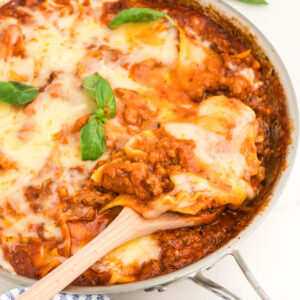 A close image of a pan of skillet lasagna.