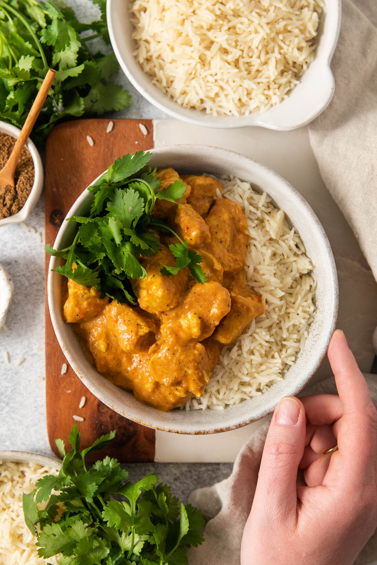 An overhead image of a hand holding a bowl of butter chicken with rice.