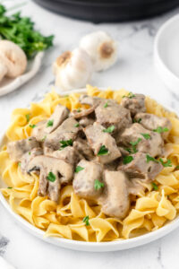 A plate of cooked beef stroganoff is displayed on a bed of egg noodles. Garlic cloves and plates are visible in the background.