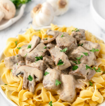 A plate of cooked beef stroganoff is displayed on a bed of egg noodles. Garlic cloves and plates are visible in the background.