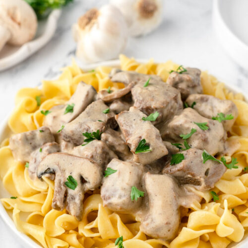 A plate of cooked beef stroganoff is displayed on a bed of egg noodles. Garlic cloves and plates are visible in the background.