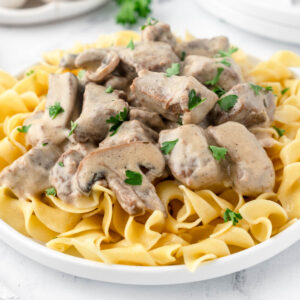 A close image of a plate of Instant Pot beef stroganoff.