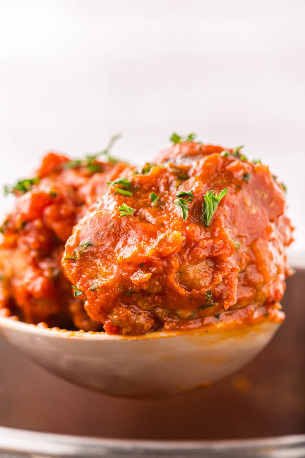 A spoonful of meatballs and sauce.