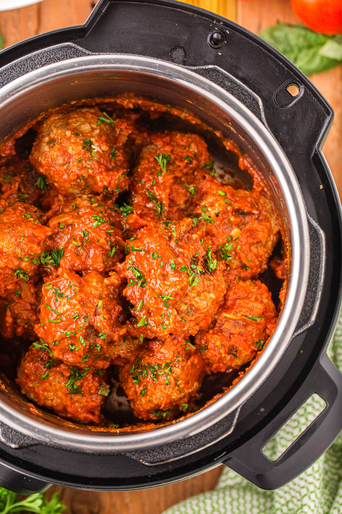 An overhead image of instant pot meatballs in the instant pot.