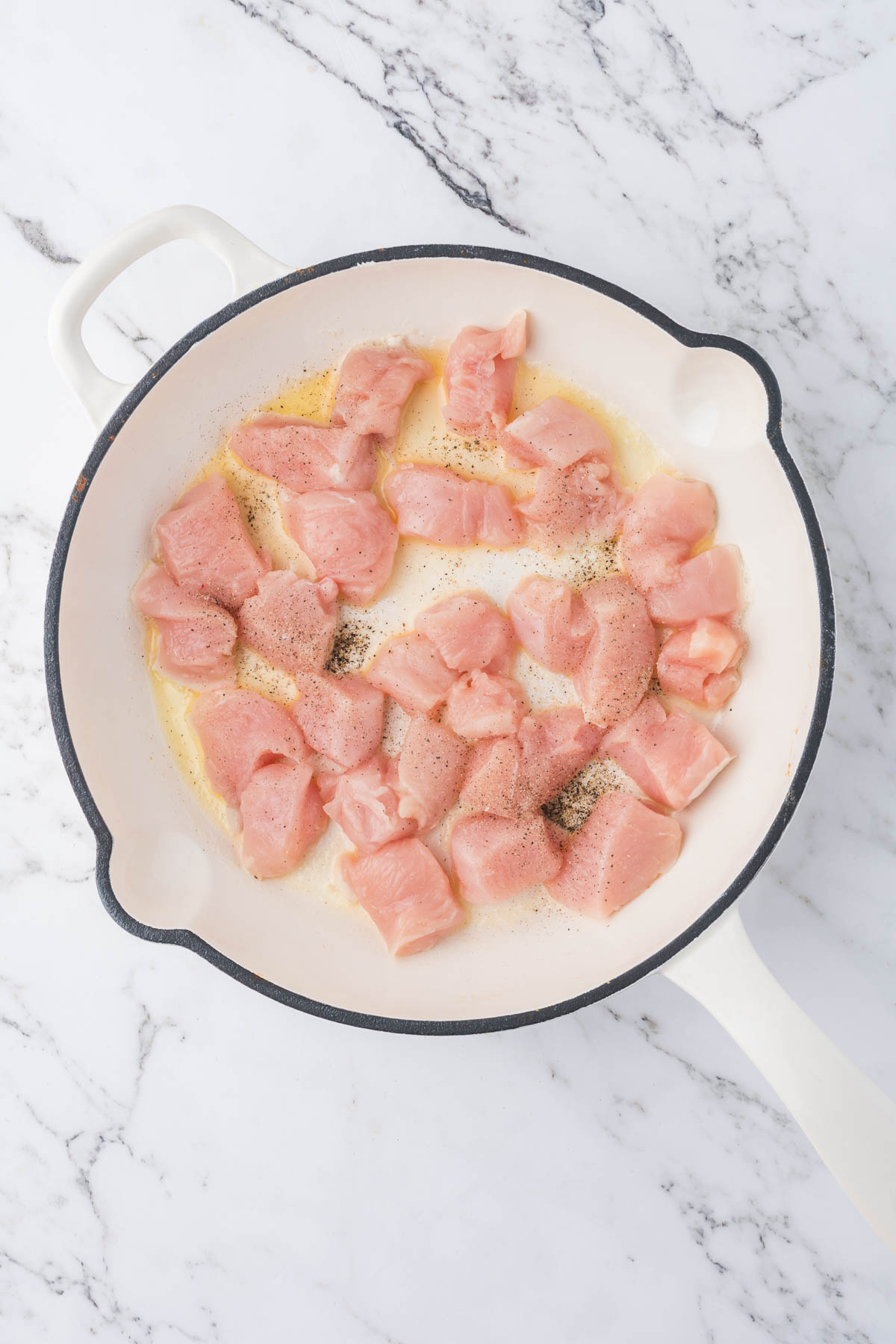 Cubed uncooked chicken is arranged in a single layer in a pot.