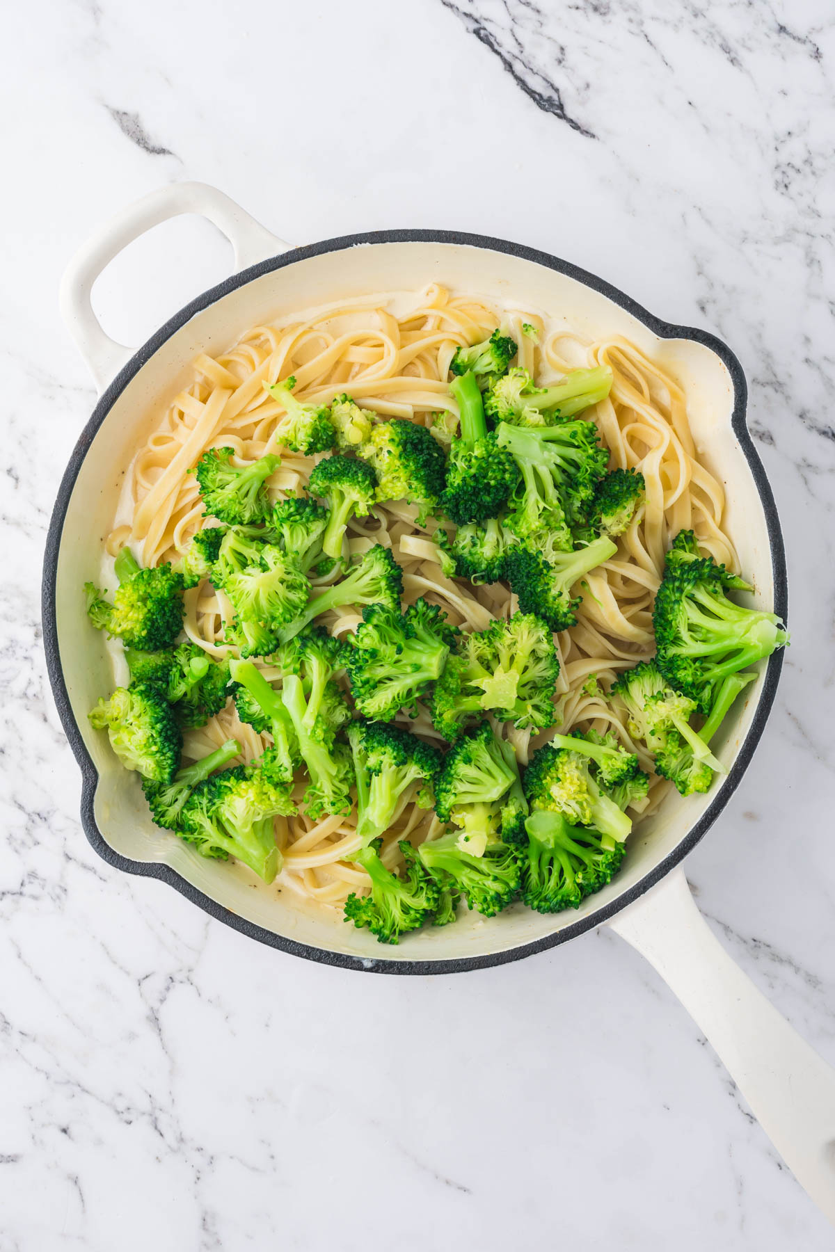 An overhead image of cooked noodles, white sauce and cooked broccoli in a pot. 