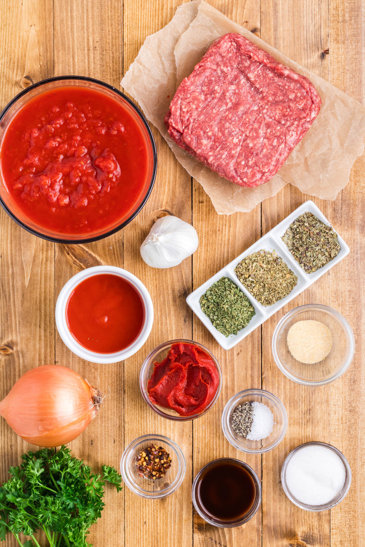 Homemade meat sauce ingredients.