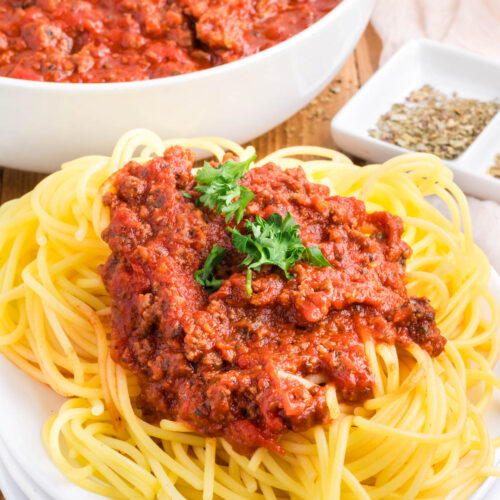 An image of a plate of spaghetti with meat sauce in front of a pan of meat sauce.