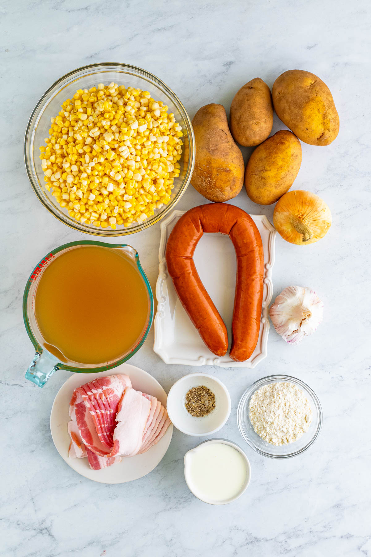 Recipe ingredients for Kielbasa corn chowder are displayed.